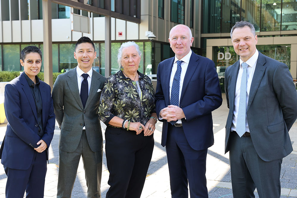 From left to right, Sir Charles Gairdner Osborne Park Health Care Group Acting Executive Director Renee de Prazer, Clinical Haematologist Professor Chan Cheah, patient, Minister Stephen Dawson, North Metropolitan Health Service Chief Executive Robert Toms standing together.